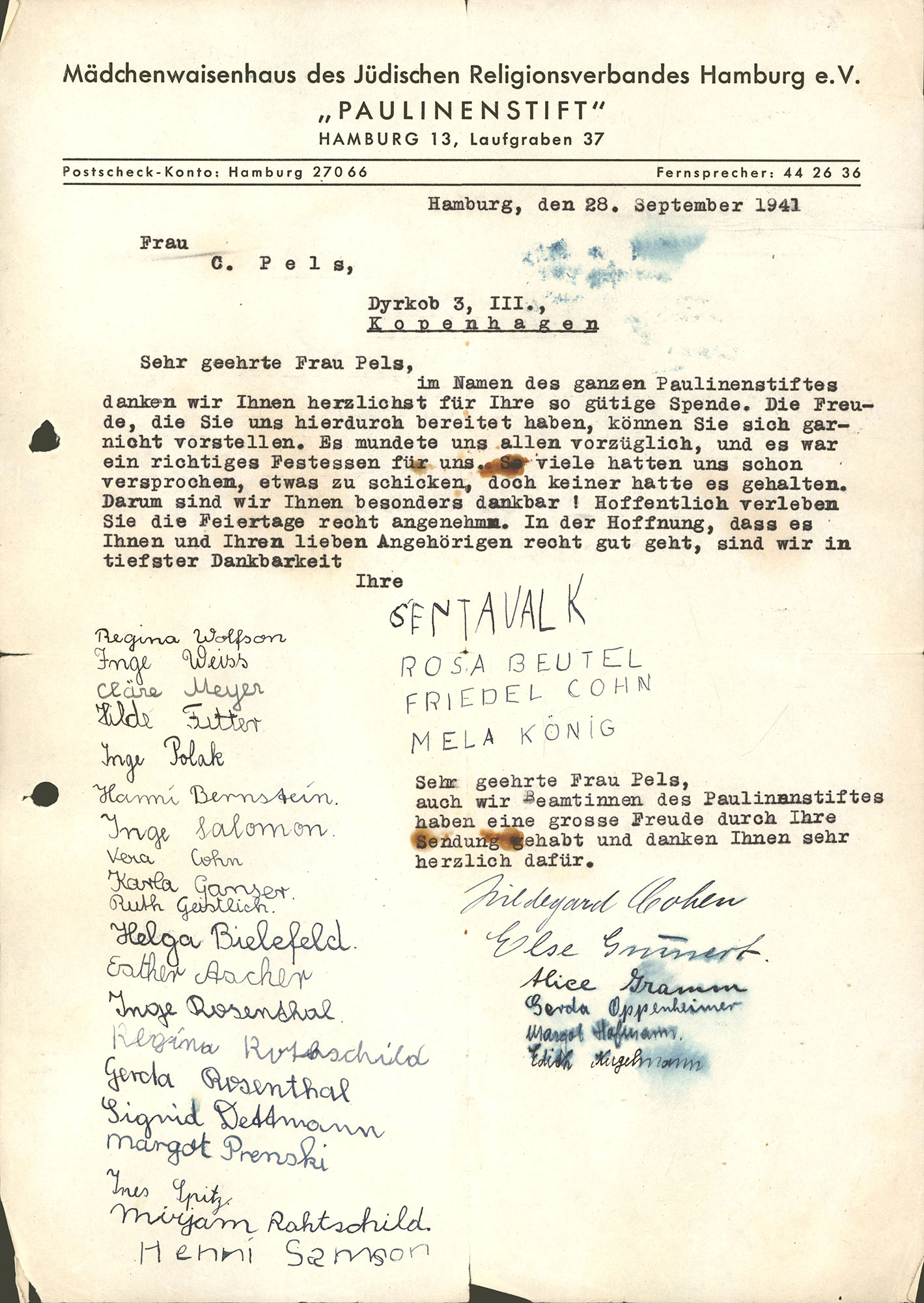 A letter from Paulinenstift Orphanage for Israelite Girls