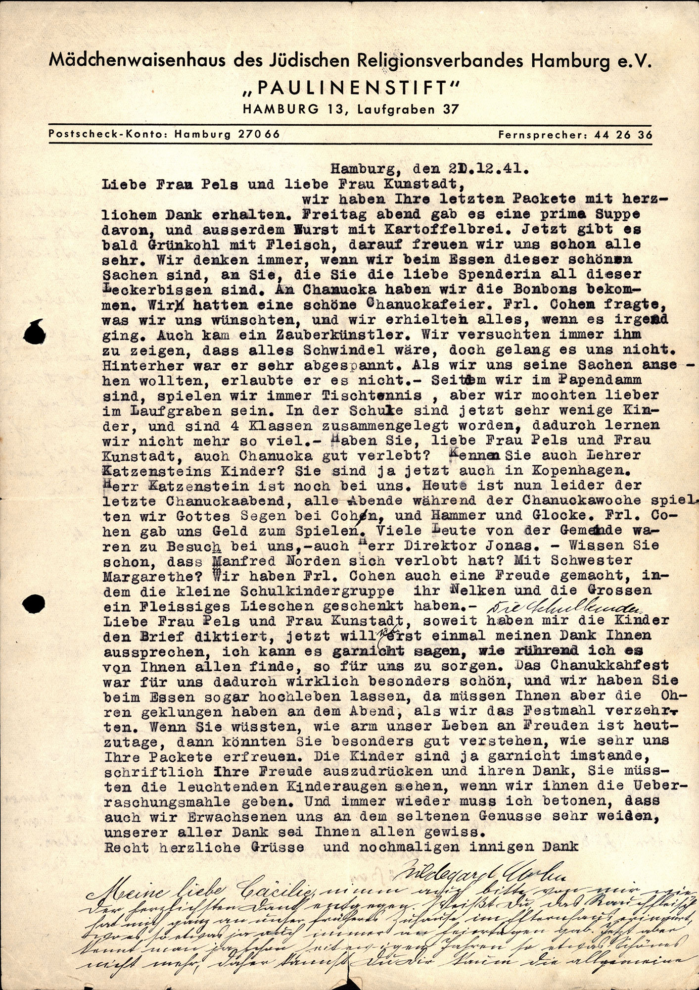 A letter from Paulinenstift Orphanage for Israelite Girls