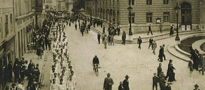 Members of the Maccabi Hatzair youth movement on a parade through the streets of Bratislava, 27-29 June 1925 Members of the Maccabi Hatzair youth movement on a parade through the streets of Bratislava, 27-29 June 1925