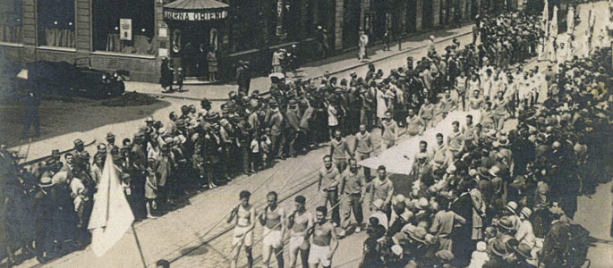 Members of the Maccabi Hatzair youth movement on a parade through the streets of Bratislava, 28-29 June 1925 Members of the Maccabi Hatzair youth movement on a parade through the streets of Bratislava, 28-29 June 1925