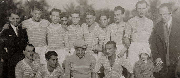 Members of the Maccabi Hatzair soccer team (MSK - Makkabea Sportuvy Klub), September 1930. <br />On this date Maccabi Bratislava won against the D.L.A. team, 4:1. <br />In the front wearing a sport’s cap Maccabi Bratislava’s goalkeeper, Abraham Moshe Ernest Gelley. <br />Courtesy of the photo archive of the Ghetto Fighters' House Members of the Maccabi Hatzair soccer team (MSK - Makkabea Sportuvy Klub), September 1930. <br />On this date Maccabi Bratislava won against the D.L.A. team, 4:1. <br />In the front wearing a sport’s cap Maccabi Bratislava’s goalkeeper, Abraham Moshe Ernest Gelley. <br />Courtesy of the photo archive of the Ghetto Fighters' House