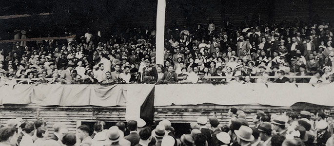 Spectators and fans filling a soccer stadium, most likely the Maccabi stadium belonging to the MSK - Makkabea Sportuvy Klub (Sports Club Maccabi). Spectators and fans filling a soccer stadium, most likely the Maccabi stadium belonging to the MSK - Makkabea Sportuvy Klub (Sports Club Maccabi).