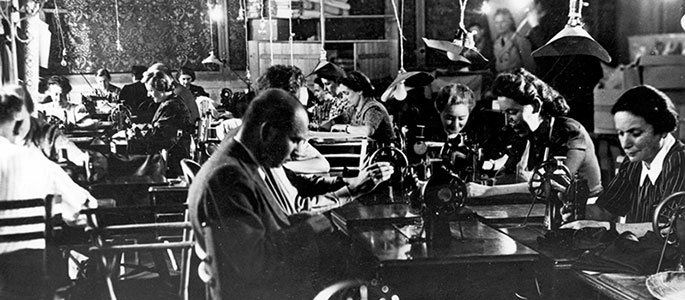 Jews working in the tailor shop at the forced labor camp of Vyhne, Slovakia
