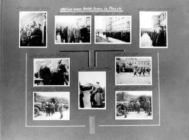 A page from a photo album with pictures from 19 September 1939 of the registration of Jewish men in the courtyard of the Plonsk prison, while being beaten A page from a photo album with pictures from 19 September 1939 of the registration of Jewish men in the courtyard of the Plonsk prison, while being beaten