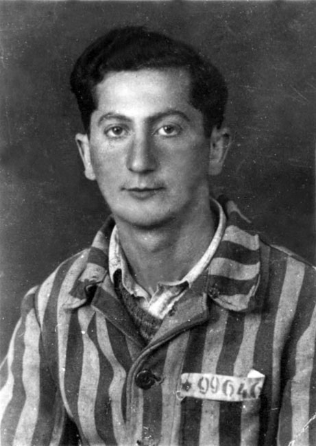 David Kalmanowsky from Plonsk in a prisoner's uniform at liberation. David survived the Holocaust with his wife Sara, and they emigrated to Israel David Kalmanowsky from Plonsk in a prisoner's uniform at liberation. David survived the Holocaust with his wife Sara, and they emigrated to Israel
