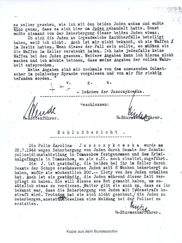 The last page of Karolina Juszczykowska's interrogation report with three crosses instead of a signature The last page of Karolina Juszczykowska's interrogation report with three crosses instead of a signature