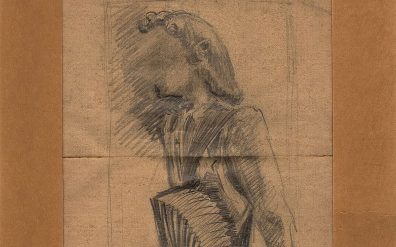 Porträt von Ruth Joschkowitz (später Kopacz) mit dem Akkordeon im Lager, 1944