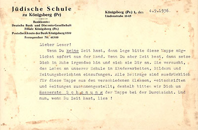 Die erste Seite des Albums der jüdischen Schule in Königsberg, 4.9.1936
