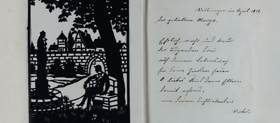 Dedication from Hugo Schwarz to his daughter Marga.  April 1939, Villingen