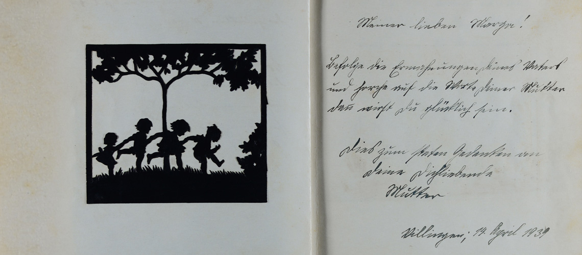 Dedication from Irma Schwarz to her daughter Marga. 14 April 1939, Villingen, Germany