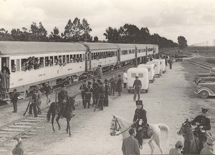 The Tehran Children being welcomed on their arrival at the train station at Hadera, 1943