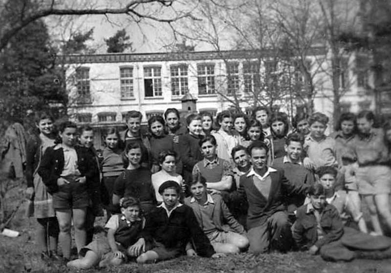 The "Ilania" children in front of the school building at the children's village.  Apeldoorn, the Netherlands, 1947-8