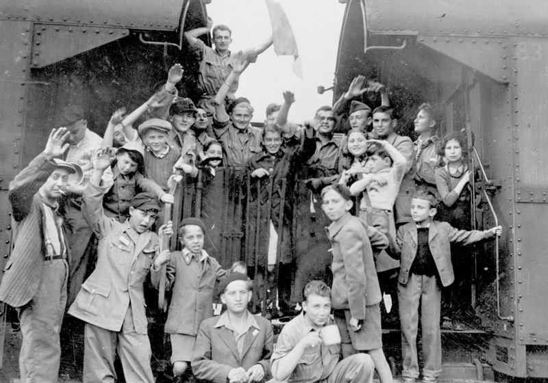Group of Children on the train to France from the Buchenwald concentration camp in Germany. June 1945