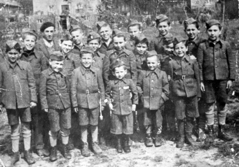 Group of child survivors after their liberation at the Buchenwald concentration camp.  Germany, circa May 1945