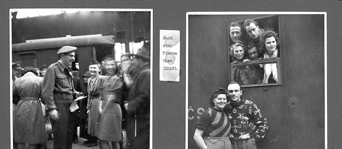 Holocaust survivors in Bratislava on a train to Vienna. The caption in the album reads, “Next stop Vienna, then Eretz Israel”