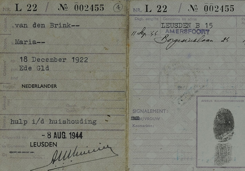 Forged ID card in the name of Maria Van Den Brink, born 18 December 1922, Betje-Hadassah Polak's false identity. Ede, the Netherlands