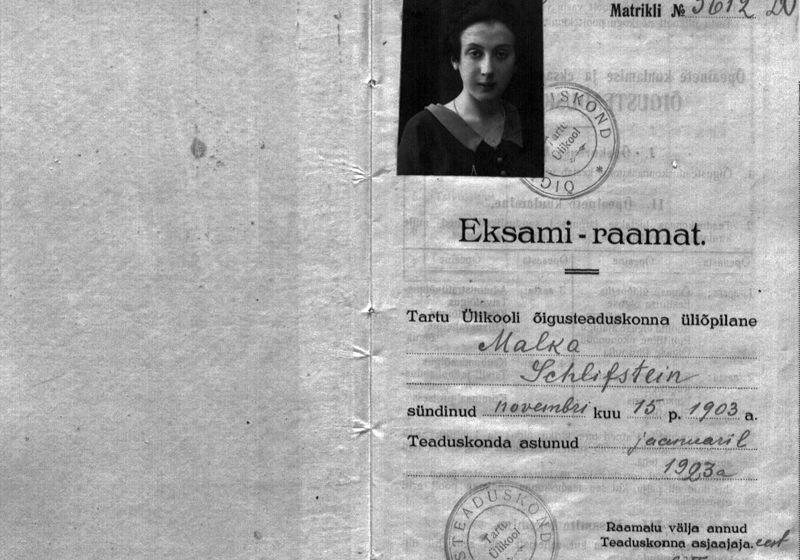 Page from Malka Schlifstein's examination records at Tartu Universtiy, Estonia, 1923