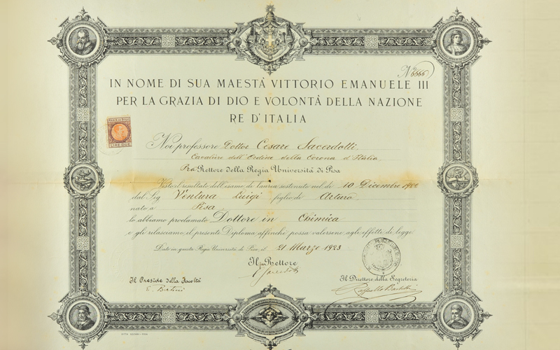 Chemistry PhD certificate awarded to Luigi Ventura by the University of Pisa on 21 March 1923