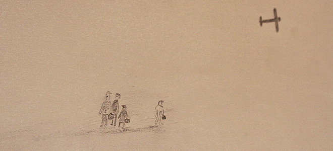 Pequeños detalles de dibujos originales realizados por niños durante el Holocausto, copiados sobre las paredes del espacio dedicado a su conmemoración