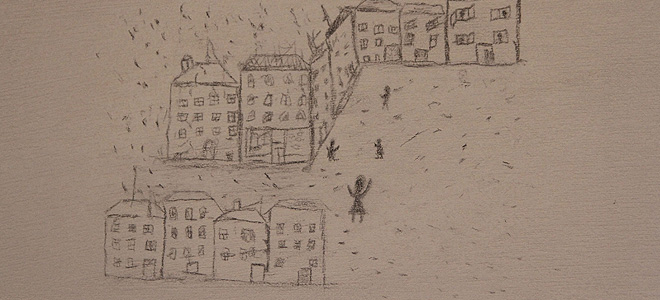 Fragmentos de diferentes dibujos hechos por los niños crean una composición sin contar directamente una historia