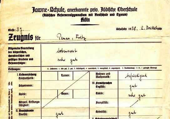 Fritz Penas 's report card from the "Yavne" Jewish gymnasium in Köln, December 1938