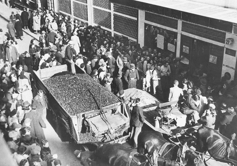Jews standing in line to receive Swiss letters of protection. The "Glass House", 29 Vadász Street, Budapest, 1944 