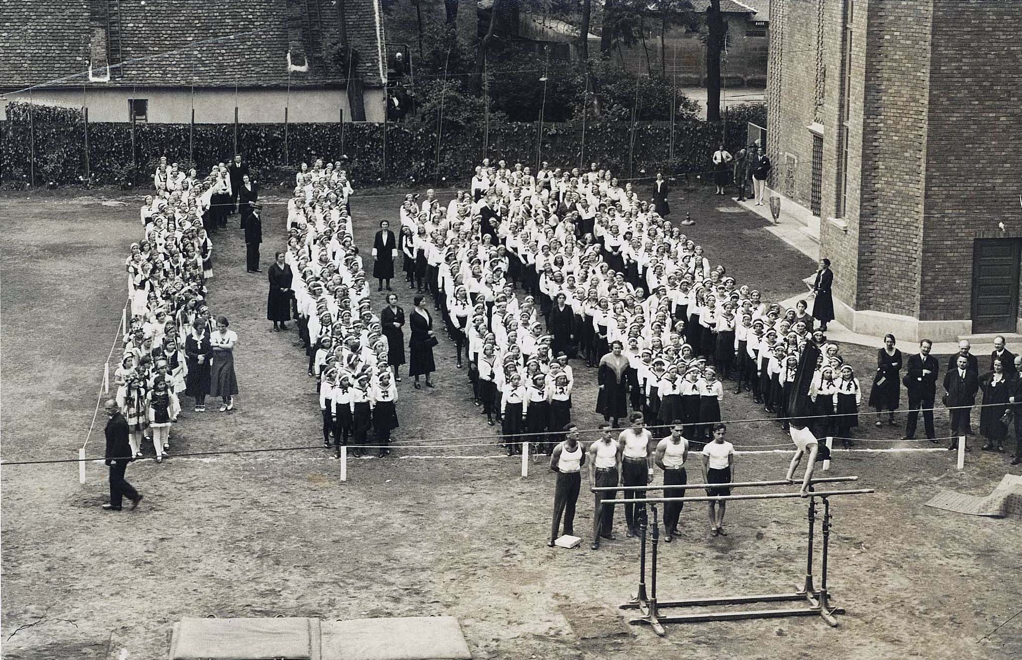 Gymnastics display in the courtyard of the Girls’ Gymnasium. Budapest, Hungary, prewar