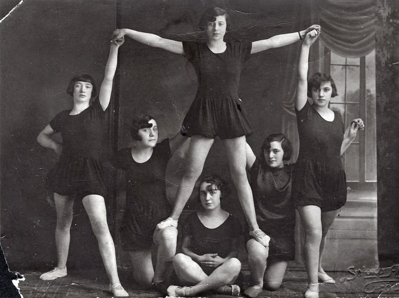 Local women's gymnastics team, Lodz, Poland. Hadasa Kleczewski (née Wolkovitz) is standing in the middle.