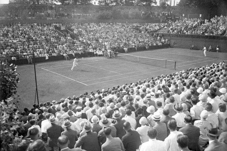 The Jewish tennis player Daniel Prenn (left), representing Germany in a Davis Cup match against Francis "Frank" Townsend Hunter (USA). Berlin, Germany, July 1929