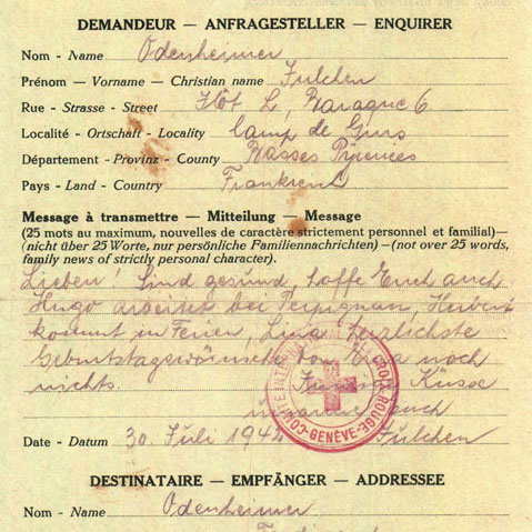 The last letter written by Ehud Loeb's mother. The letter was given to Ehud's uncle by the Red Cross on 30 July 1942