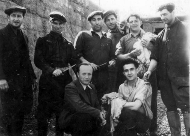 Wolbrom, Jewish butchers. Second from left is Hershel Band. His wife and two children perished. Hershel remarried in Feldafing DP Camp, and had two children