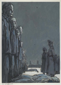 La formación, Majdanek, 1944
Gouche, carbonilla y tiza de colores sobre papel
Colección del Museo de Arte, Yad Vashem, Jerusalén
Donación de Sigmund A. Rolat - New York en memoria de sus padres Henryk y Mania que perecieron en el Holocausto
<